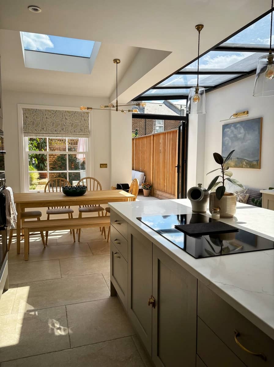 Beautiful kitchen extension with glass roof and skylights
