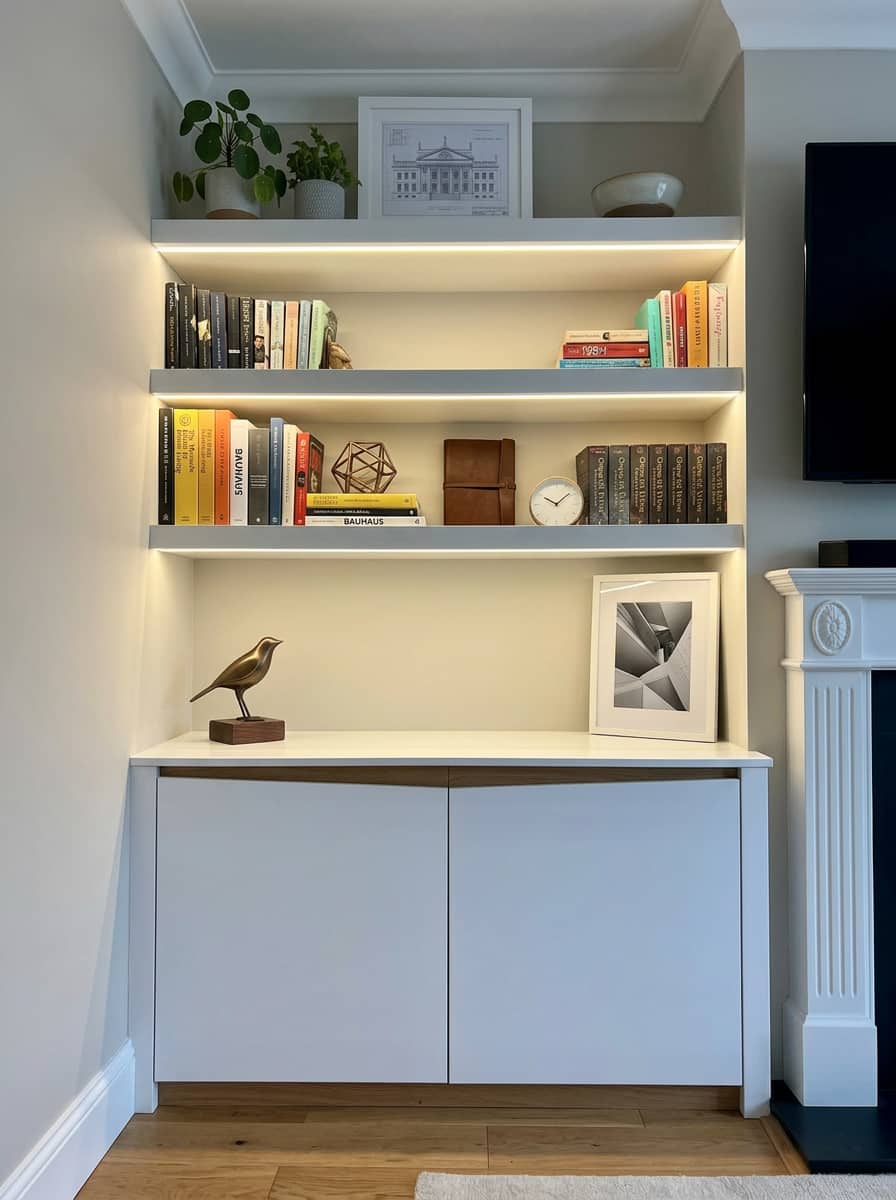 Bespoke built-in shelving with LED lighting