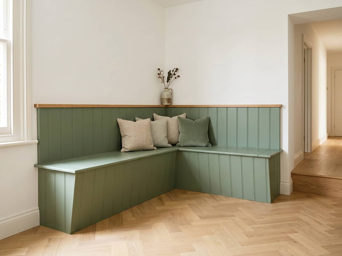 Bespoke bench seating with sage green panelling