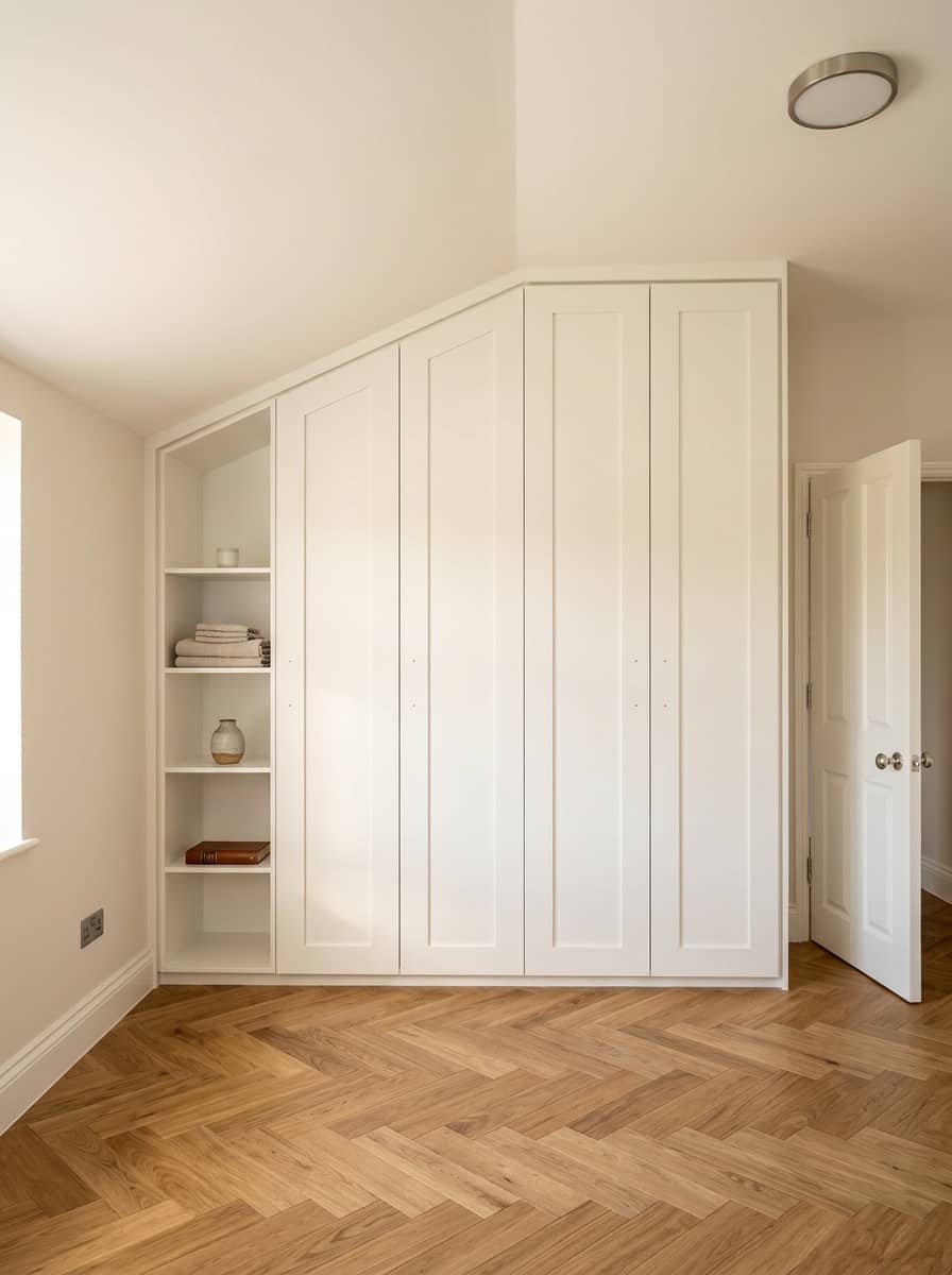Light grey built-in wardrobe with oak trim
