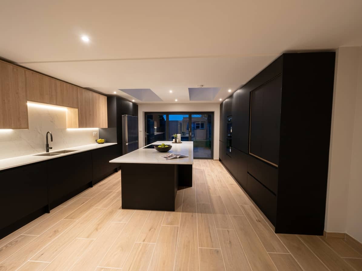 Custom kitchen fitting with modern cabinetry and integrated appliances