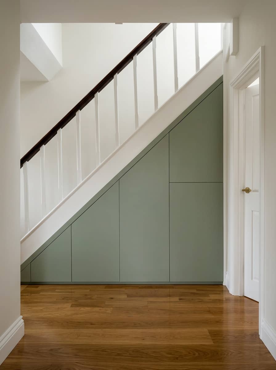 Bespoke understairs storage in sage green